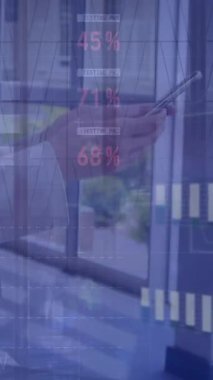 Animation of statistical data processing over caucasian businesswoman using smartphone at office. Business data and analytics technology concept