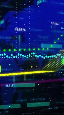 Animation of financial data processing over world map. Global business, finances, computing and data processing concept digitally generated video.