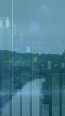 Deniz ve ormanlı manzaranın havadan görünüşü üzerinden istatistiksel veri işleme animasyonu. İş veri teknolojisi kavramı