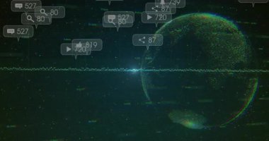 Dalga biçimi parlıyor, titreşen küre ortaya çıkıyor, simgeler yüzüyor ve sayaçlar sosyal ölçümler için güncelleniyor. Veri, görselleştirme, teknoloji, dijital, analitik, arayüz, geleceksel