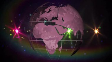 Küresel müzik akışını gösteren rengarenk alevler, dönen neon ışıklar, dönen ışınlar. Teknoloji, yenilik, dijital, görselleştirme, multimedya, küresel, gelecekçi