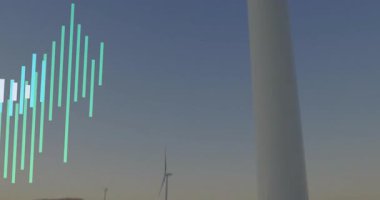 Ekran, enerji çıkışını gösteren çubukları kaydırırken sağ türbinde döndüren kamera başlatılıyor. Yenilenebilir, sürdürülebilirlik, teknoloji, enerji, yenilik, manzara, minimalizm