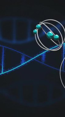 Siyah arka planda DNA ipliği üzerinde moleküllerin canlandırılması. Küresel teknoloji, bilim, denklemler ve dijital arayüz konsepti dijital olarak oluşturulmuş video.