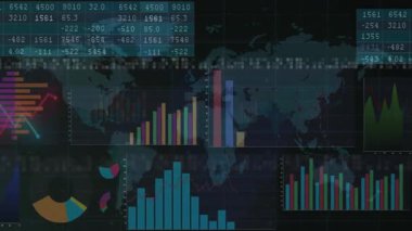 Titrek sayısal tablo canlandırmaları başlatır, gerçek zamanlı küresel veri trendlerini görselleştirir. Infographic, analytics, modern, technology, digital, business, interactive