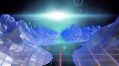 Kamera, neon şebeke düzleminde sürüklenirken HUD halkalarını döndürerek retrofuturistik kanyonu görselleştiriyor. Fütürist, dijital, manzara, neon, teknoloji, soyut, canlı