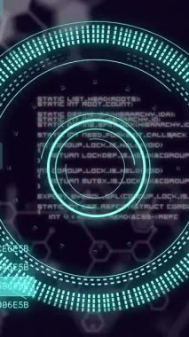 Karanlık arka planda bilimsel veri işleme animasyonu. Küresel bilim, araştırma, bağlantılar, hesaplama ve veri işleme kavramı dijital olarak oluşturulmuş video.