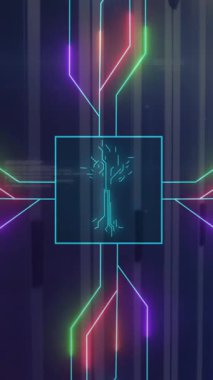 Sunucu odası arka planında dijital devre hatları ve sinirsel ağ animasyonu. Teknoloji, yapay zeka, ağ oluşturma, veri, fütüristik, yenilik