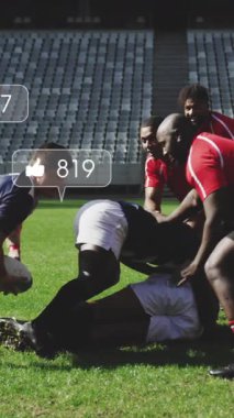 Stadyumdaki rugby oyuncularının sosyal medya etkileşimi animasyonları. Spor.