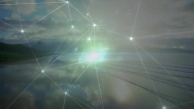 Dijital kaplama, kıyı şeridine bağlanan parlayan düğümleri tetikler, ağ büyümesini betimler. Teknoloji, bağlantı, dijital, yenilik, fütürizm, veri, soyut