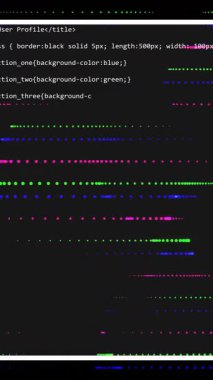 HTML kodu renkli çizgilerle DNA ipliği animasyonunu kesiyor. Teknoloji, programlama, kodlama, genetik, biyoteknoloji, bilim