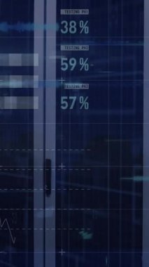 Animation of statistical data processing against computer server room. Computer interface and business data storage technology concept