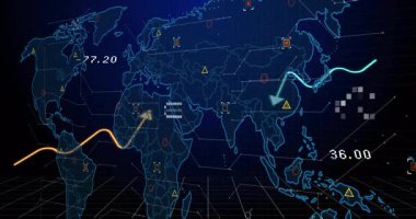 Dünya haritası ızgaranın üzerinde beliriyor, oklar veri akışını takip ediyor, dalgalar analitiği görselleştirmek için dalgalanıyor. Coğrafya, veri görselleştirme, sibernetik, fütüristik, teknoloji, analitik, yenilik