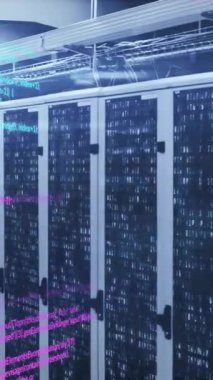 Sunucu odasında mavi, pembe ve beyaz metin veri işleme katmanlarının animasyonu. Ağ, veri, dijital arayüz ve iletişim, dijital olarak oluşturulmuş video.