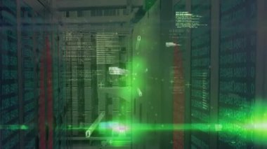 Yeşil sis aktifleştirici tarama, yeşil lazer tarama sunucu rafları kaydırma veri akışı. Siber güvenlik, veri, teknoloji, dijital, geleceksel, ağ, yenilik