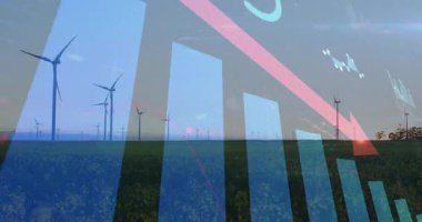 Türbinlerin üzerinde kaybolan veri örtüsü, ayarlama çubukları ve aşağı doğru hareket eden ok güç azalması gösteriyor. Yenilenebilir, sürdürülebilirlik, enerji, analitik, görselleştirme, manzara, ekolojik