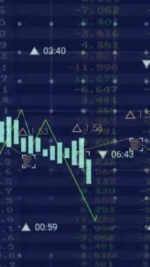 Finansal veri işleme animasyonu ve karanlık arka plan istatistikleri. Küresel finans, iş, bağlantılar, hesaplama ve veri işleme kavramı dijital olarak oluşturulmuş video.