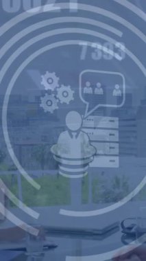 Çeşitli iş adamlarının iş ikonlarıyla olan bağlantılarının animasyonu. Dijital olarak oluşturulmuş küresel bağlantılar, hesaplama ve veri işleme kavramı.