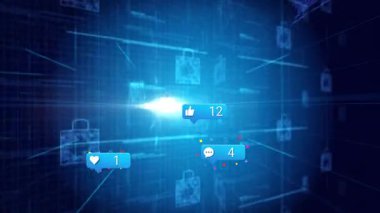 Işık patlaması oluşuyor, devre ızgarası dönüyor, neon asma kilidin etrafında çoğalan ikonlar güvenliği gösteriyor. Teknoloji, siber güvenlik, dijital, yenilik, veri, koruma, bağlantı