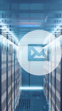 Animation of envelope icons and data processing over computer servers. Global social media, computing, data processing and digital interface concept digitally generated video.