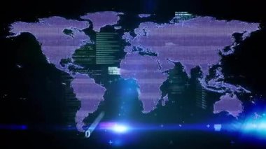 Mavi ışık tarama ışınını etkinleştiriyor, kod akışları mor dünya haritasında canlandırıyor akışı görselleştiriyor. Holografik, geleceksel, dijital, veri, siber, teknoloji, arayüz