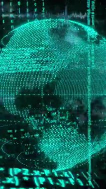 Dijital simgelerin animasyonu ve kara arka planda bir dünya üzerinde veri işlemesi. Küresel ağ ve iş teknolojisi kavramı