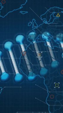 Veri işleme ve dünya haritasının üzerindeki DNA iplikçiklerinin animasyonu. Küresel bilim, araştırma, bağlantılar, hesaplama ve veri işleme kavramı dijital olarak oluşturulmuş video.