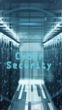 Bilgisayar sunucuları üzerinden siber güvenlik metni ve dijital veri işleme animasyonu. Dijital olarak oluşturulmuş küresel çevrimiçi güvenlik, bağlantılar, hesaplama ve veri işleme kavramı.