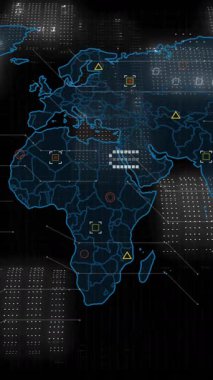 Dünya haritası üzerindeki bağlantı ağının animasyonu. İş, teknoloji ve dijital arayüz kavramı dijital olarak oluşturuldu.