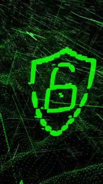 Bilgisayar sunucuları üzerinde asma kilit simgesi ve dijital veri işleme animasyonu. Dijital olarak oluşturulmuş küresel bağlantılar, hesaplama ve veri işleme kavramı.