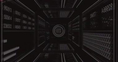 Izgara tüneli görünüyor, paneller kayıyor ve güncellemeleri gösteriyor, veri koridorunda ağ taramasını gösteriyor. Fütürist, dijital, siber alan, teknoloji, veri, ağ, yüksek teknoloji