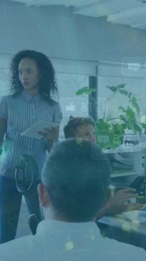 Animation of green lines, statistics and financial data processing over business people talking. Global business, finance, computing and data processing concept digitally generated video.