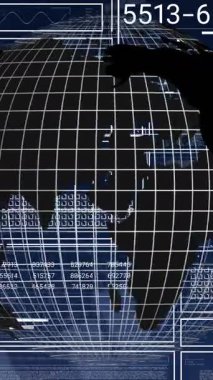 Animation of financial data processing and globe over electricity pylons. Global business, finances and digital interface concept digitally generated video.
