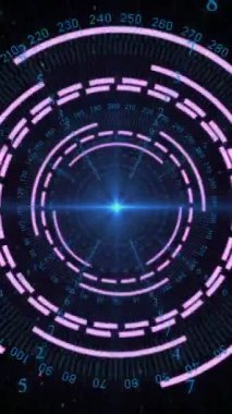 Pembe dairesel tarayıcının animasyonu, mavi ışık ve siyah arkaplanda işlem verileri. Bağlantı, ağ, veri, dijital arayüz ve küresel iletişim, dijital olarak oluşturulmuş video.