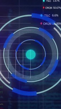 Mavi arka planda, istatistiksel ve borsa veri işleme üzerine neon yuvarlak tarayıcının animasyonu. Küresel ekonomi ve iş veri teknolojisi kavramı