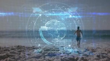 Holografik dünya arayüzünden sonra sörf yapan adam kod akımlarını keşfetmek için ortaya çıkıyor. Fütürist, sürükleyici, dijital, soyutlama, teknoloji, yenilik, denizcilik