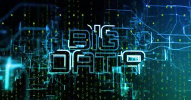 Üst üste gelen ikili rakamlar dokuma devrelerinin kıvılcımlanmasına neden oluyor. Büyük Veri Alanı harfleri işlemeyi gösteriyor. Teknoloji, siber güvenlik, dijital, yenilik, veri görselleştirme, fütüristik, ağ oluşturma