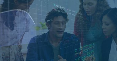 Pointing mature man wearing navy shirt guiding data review in office with laptop displaying charts. Collaboration, teamwork, analysis, data, digital, presentation, professional