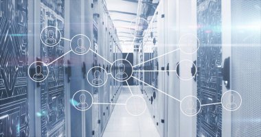 Displaying network node overlay hovering in data center with server racks routers and cable trays. Technology, cybersecurity, data infrastructure, connectivity, industrial, modern, digital