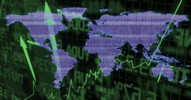 Displaying purple dotted world map on market grid screen, showing green arrows and numeric data. Global, technology, analytics, digital, finance, futuristic, network