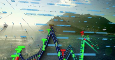 Oklar, düğümler ve sayısal etiketlerle güneşli sahil koyunun üzerinde renkli üç boyutlu çizgi çizelgesi gösteriliyor. Manzara, dijital, görselleştirme, analitik, açık hava, canlı, veri