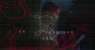 Standing IT specialist in tech center with tablet, headset, skull icon and circuit traces. Cybersecurity, technology, digital, innovation, security, data, surveillance