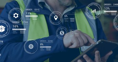 Logistics worker wearing high-vis vest checking inventory in warehouse area, with tablet overlays. Industrial, technology, dashboard, efficiency, management, futuristic, warehouse