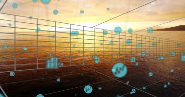 Displaying semi-transparent 3D wireframe grid floating above sunset sea, with blue data icons. Futuristic, technology, visualization, ocean, data, digital, abstract