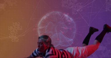 Floating athlete wearing striped top and cleats across hex grid gradient, with 3D brain network. Athlete, innovation, futuristic, technology, health, motion, dynamic