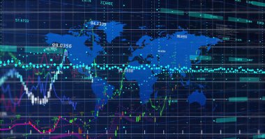Displaying blue world map overlaying trading screen, with candlestick bars and line graphs. Finance, trading, analytics, investment, technology, dashboard, data visualization