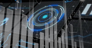 Displaying circular HUD data visualization hovering over grid plane, with bars and numeric labels. Technology, analytics, futuristic, interface, finance, digital, visualization