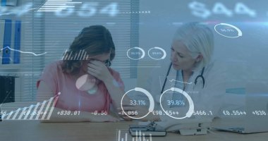 Senior doctor wearing stethoscope supporting upset patient covering face in clinic, chart overlays. Medical, healthcare, support, stress, analysis, consultation, professional