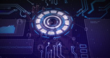 Displaying layered circular HUD element projecting neon circuit lines on grid, with data panels. Futuristic, technology, interface, digital, visualization, cyber, data