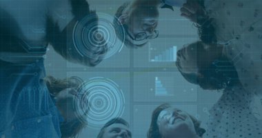 Six colleagues examining holographic interface in meeting room, with target rings and grid overlays. Collaboration, innovation, data visualization, digital, teamwork, modern, analytics