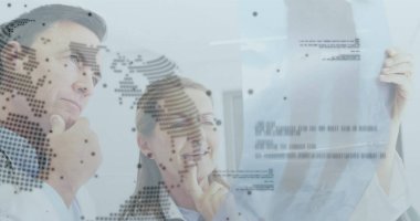 Lab coat wearing doctors examining radiograph film on glass wall in clinical lab, with map overlays. Medical, collaboration, research, innovation, diagnostic, modern, professional